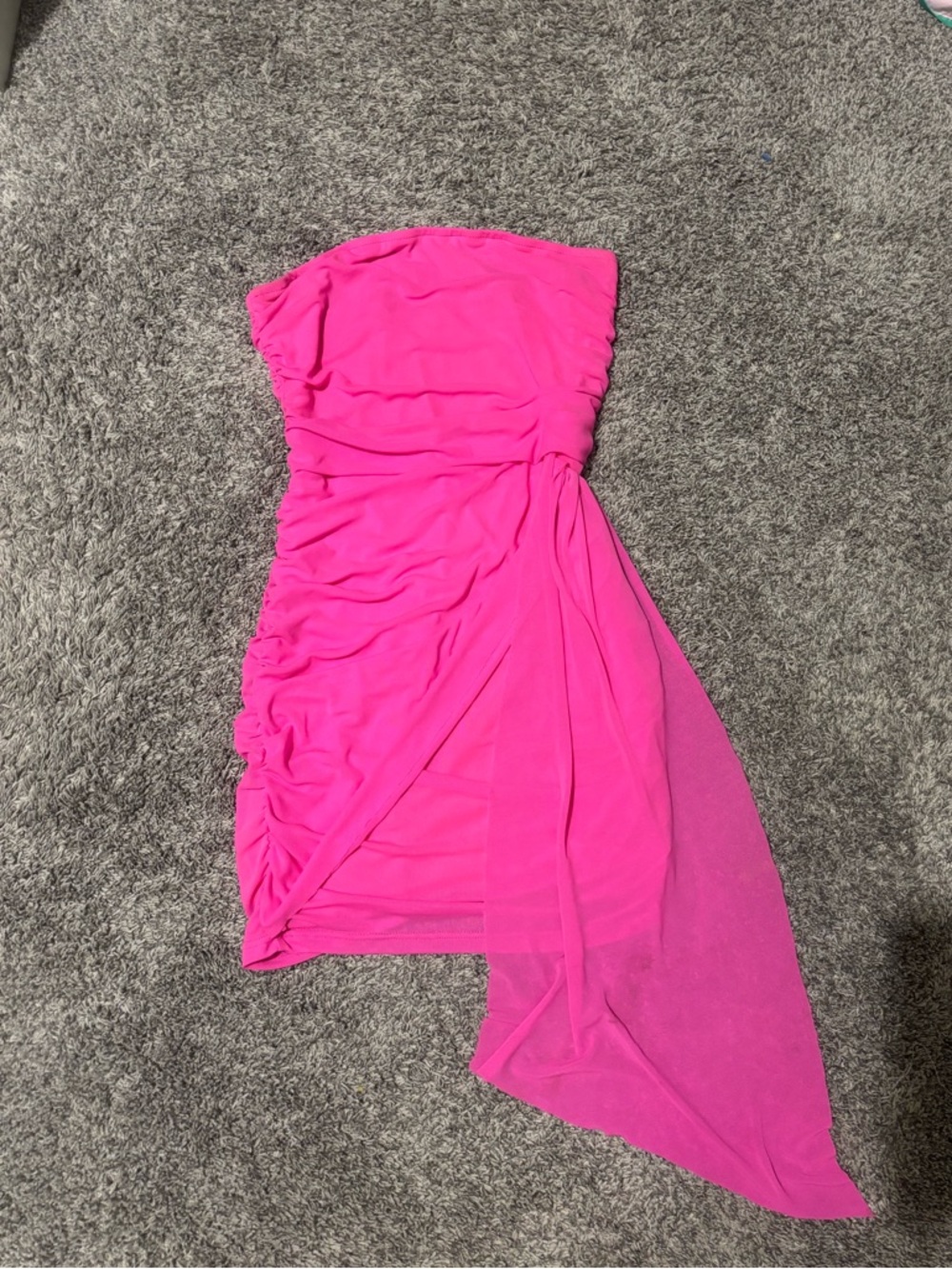 Strapless Hot Pink Ruched Asymmetric Party Dress